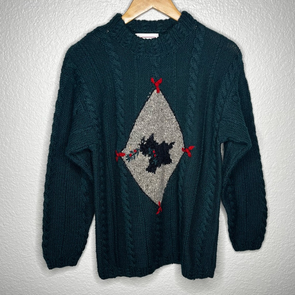 Vintage Scottie Dog Sweater Cable Knit Holiday Pullover Size‎ Small 100% Wool S